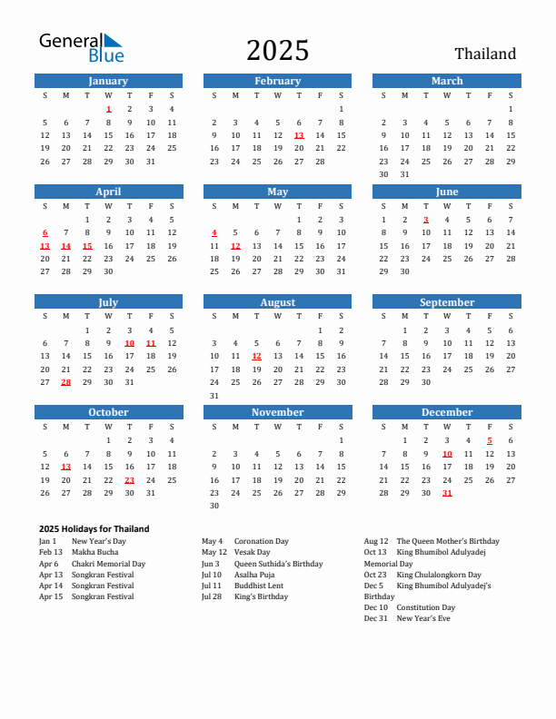 Thailand 2025 Calendar with Holidays