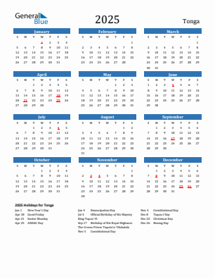 Tonga current year calendar 2025 with holidays