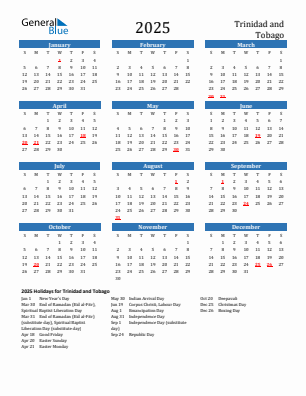 Trinidad and Tobago current year calendar 2025 with holidays