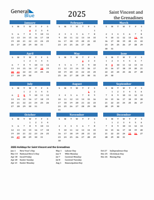 Saint Vincent and the Grenadines current year calendar 2025 with holidays