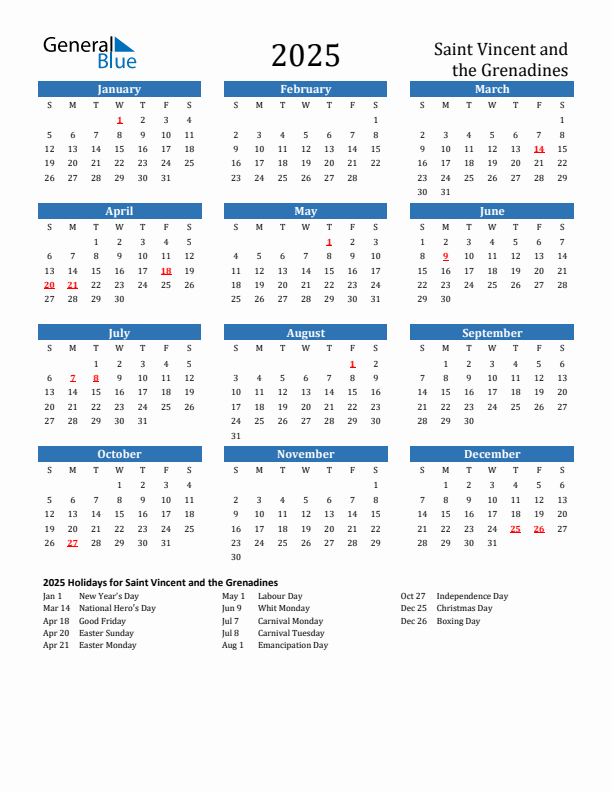 Saint Vincent and the Grenadines 2025 Calendar with Holidays