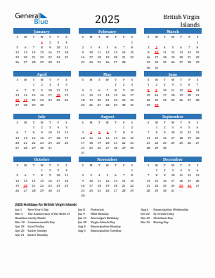 British Virgin Islands current year calendar 2025 with holidays