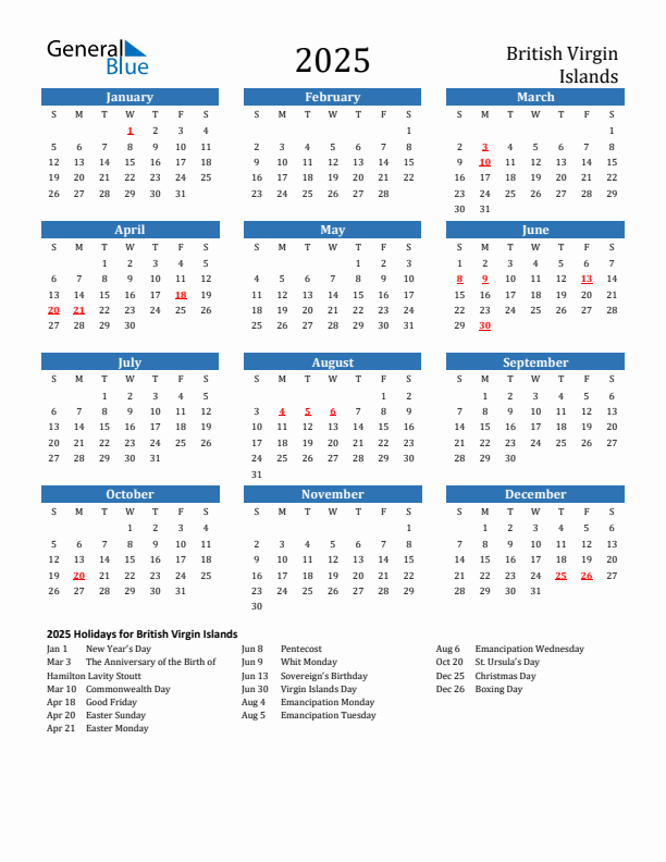 British Virgin Islands 2025 Calendar with Holidays