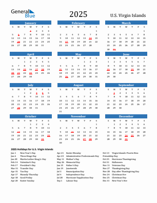 U.S. Virgin Islands current year calendar 2025 with holidays