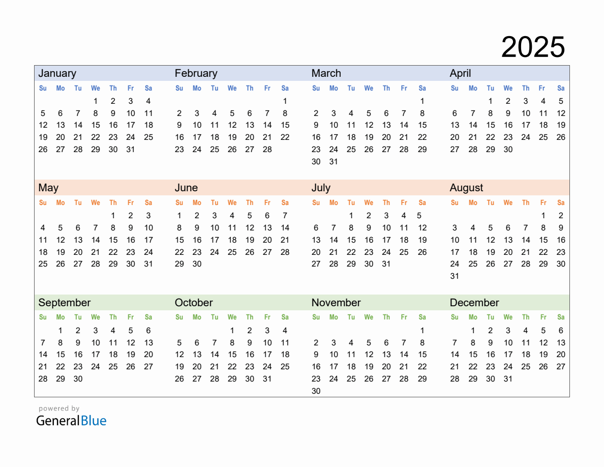Free Downloadable 2025 Yearly Calendar Template