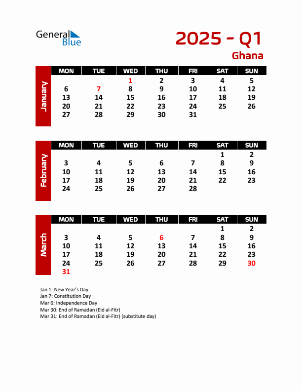 Q1 2025 Calendar with Holidays in Ghana