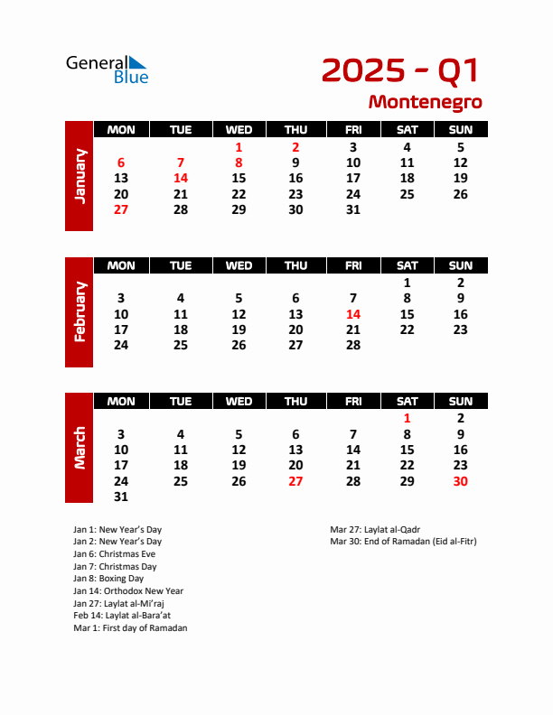 Q1 2025 Calendar with Holidays in Montenegro