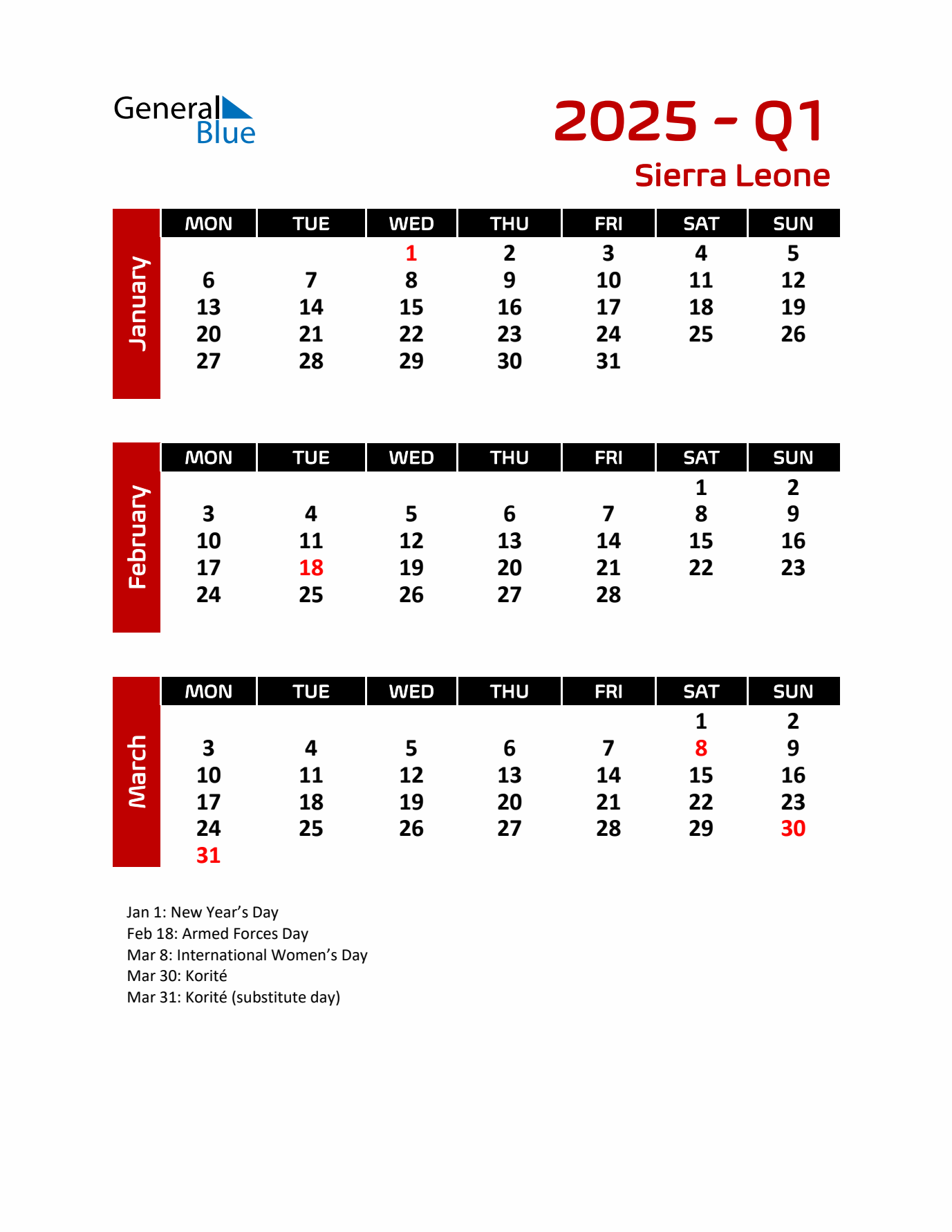 Q1 2025 Calendar with Holidays in Sierra Leone