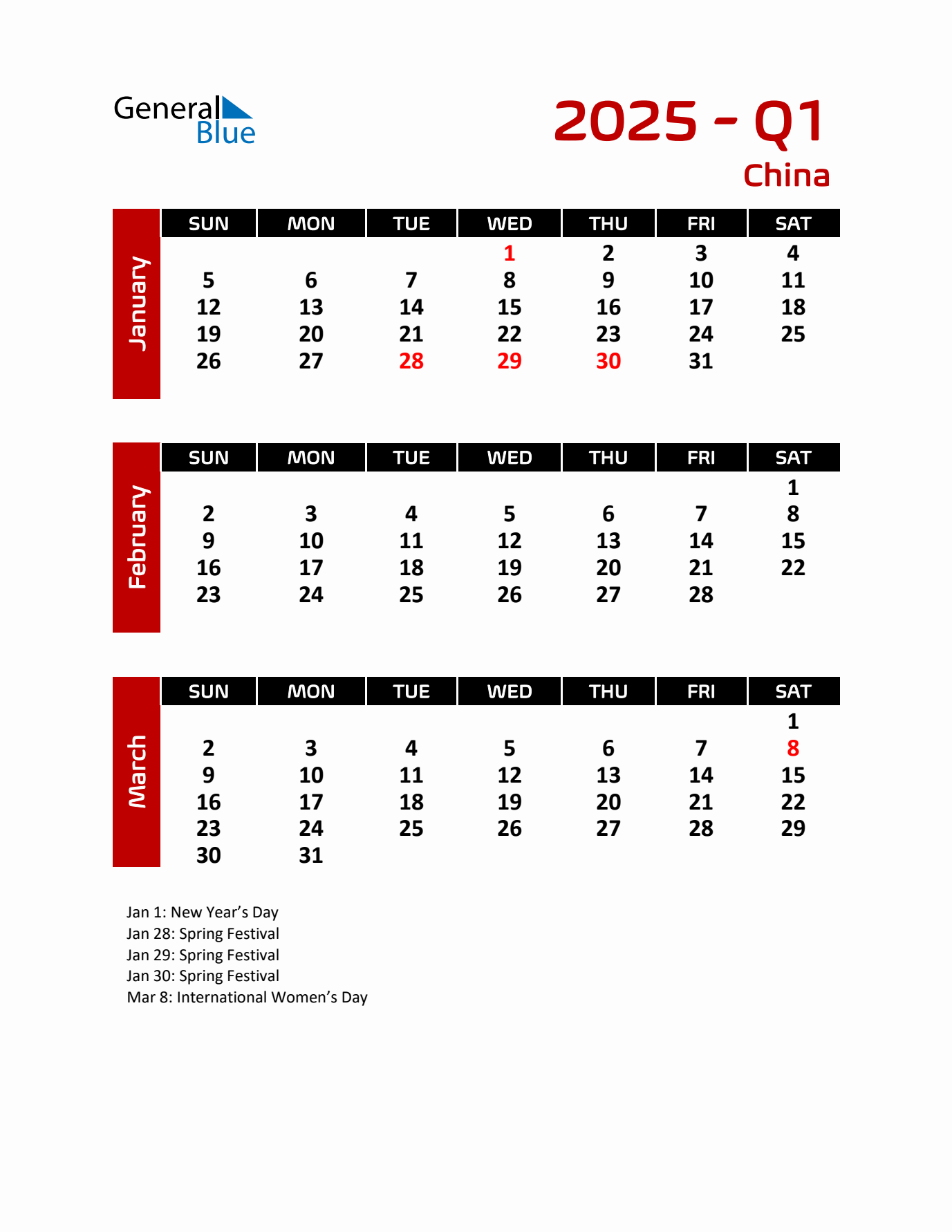 Q1 2025 Calendar with Holidays in China
