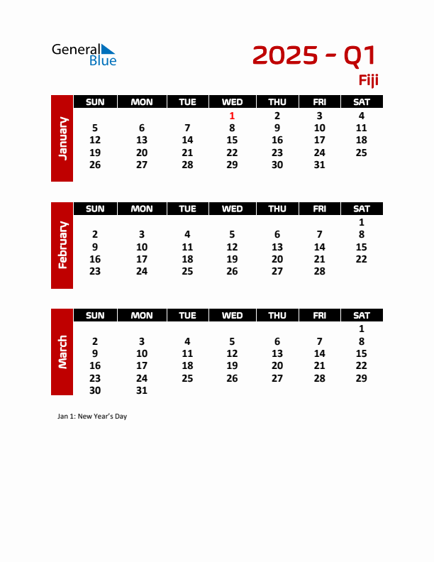 Q1 2025 Calendar with Holidays in Fiji