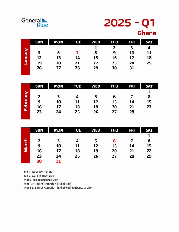Q1 2025 Calendar with Holidays in Ghana