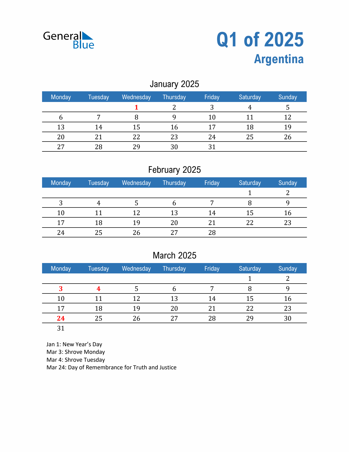 Argentina Q1 2025 Quarterly Calendar with Monday Start