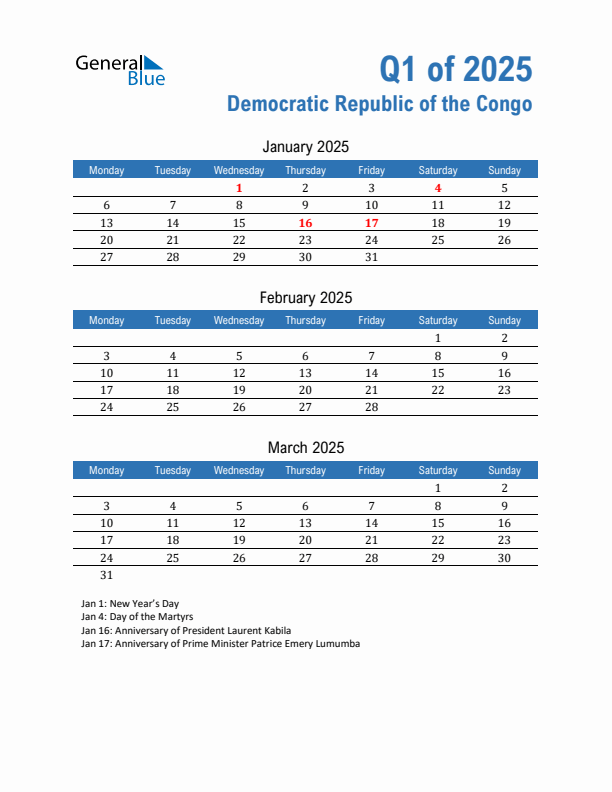 Democratic Republic of the Congo Q1 2025 Quarterly Calendar with Monday Start