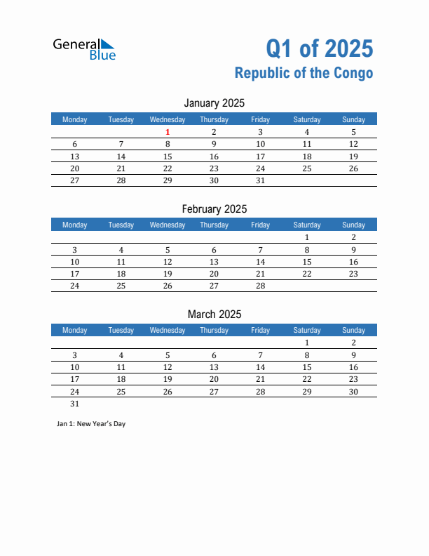 Republic of the Congo Q1 2025 Quarterly Calendar with Monday Start