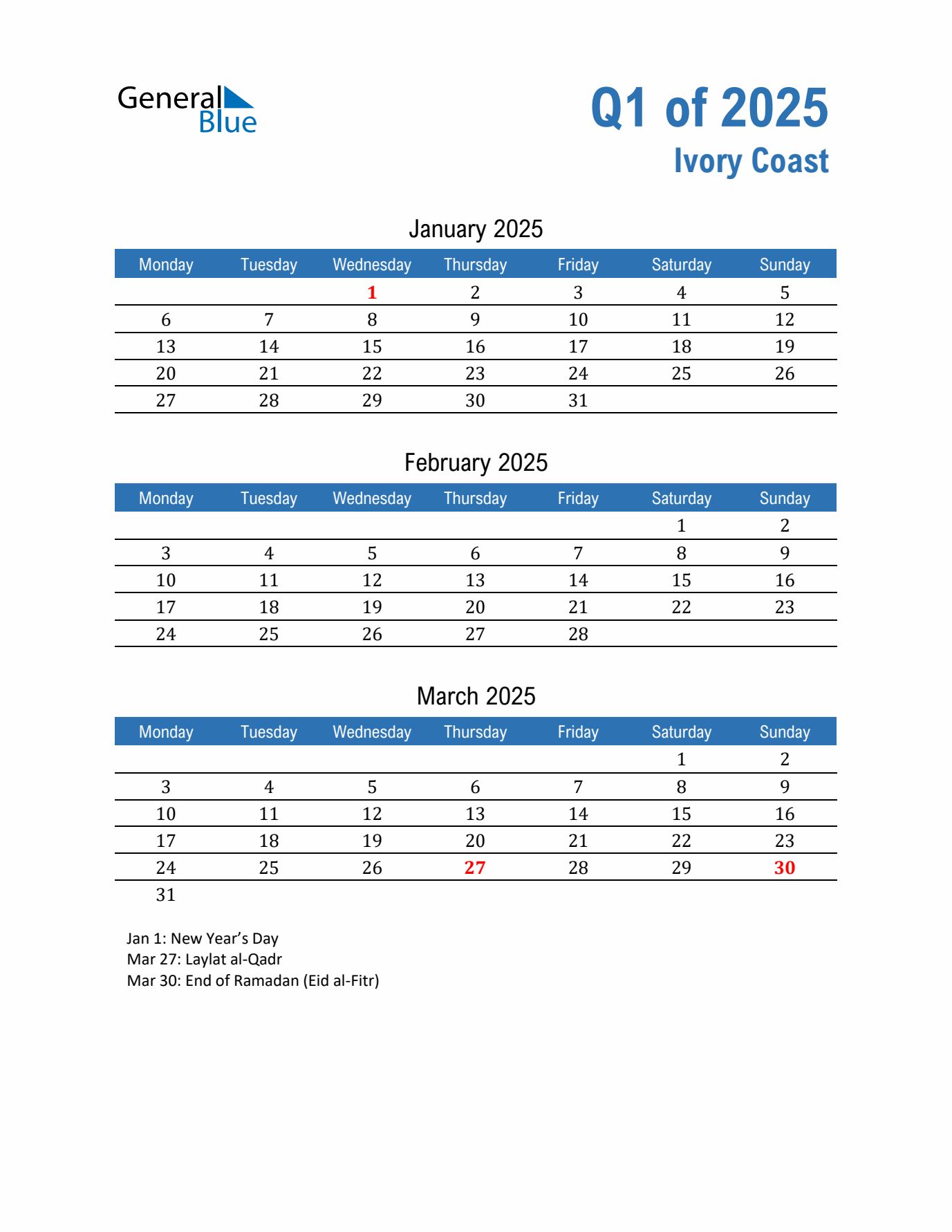 Ivory Coast Q1 2025 Quarterly Calendar with Monday Start