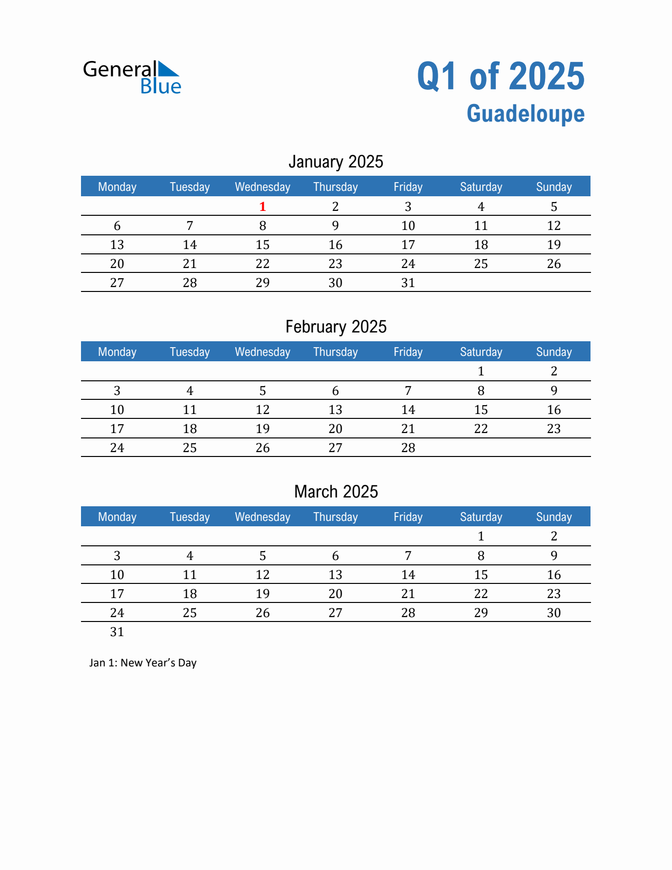 Guadeloupe Q1 2025 Quarterly Calendar with Monday Start
