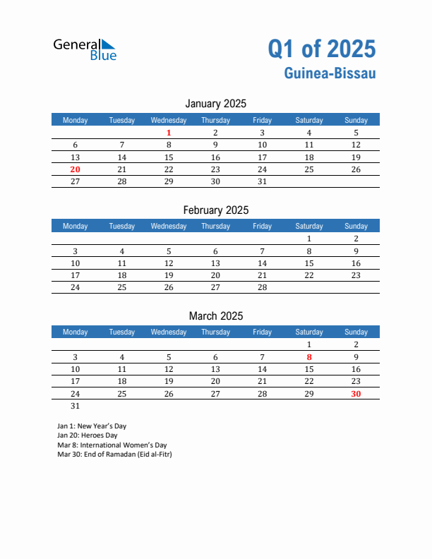 Guinea-Bissau Q1 2025 Quarterly Calendar with Monday Start