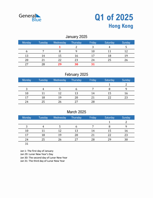 Hong Kong Q1 2025 Quarterly Calendar with Monday Start