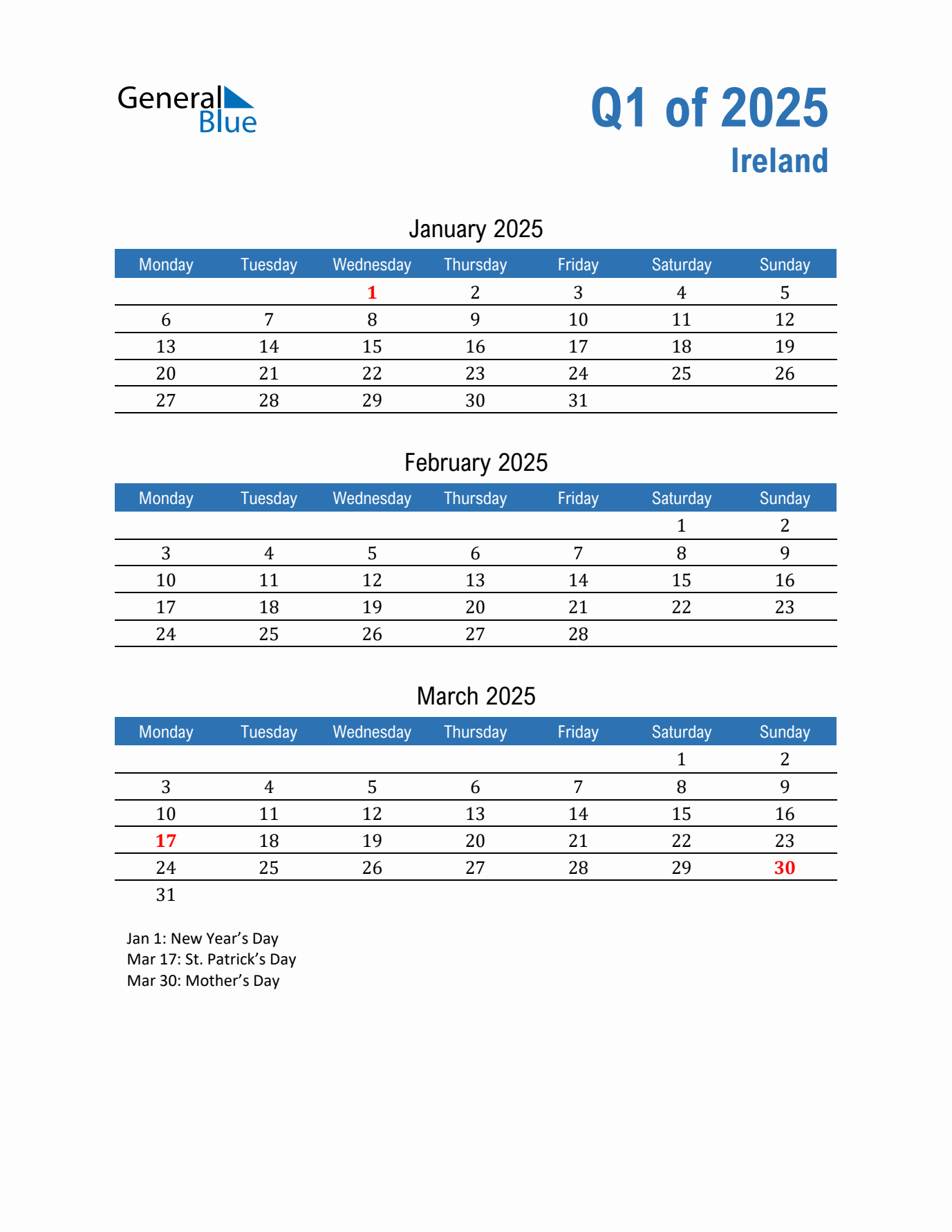 Ireland Q1 2025 Quarterly Calendar with Monday Start