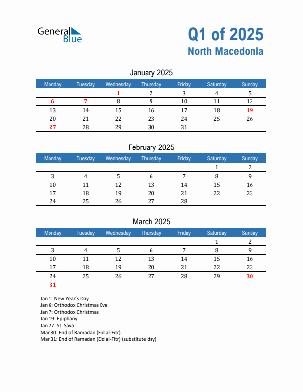 North Macedonia Q1 2025 Quarterly Calendar with Monday Start