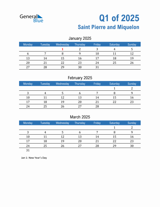 Saint Pierre and Miquelon Q1 2025 Quarterly Calendar with Monday Start