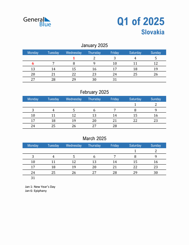 Slovakia Q1 2025 Quarterly Calendar with Monday Start