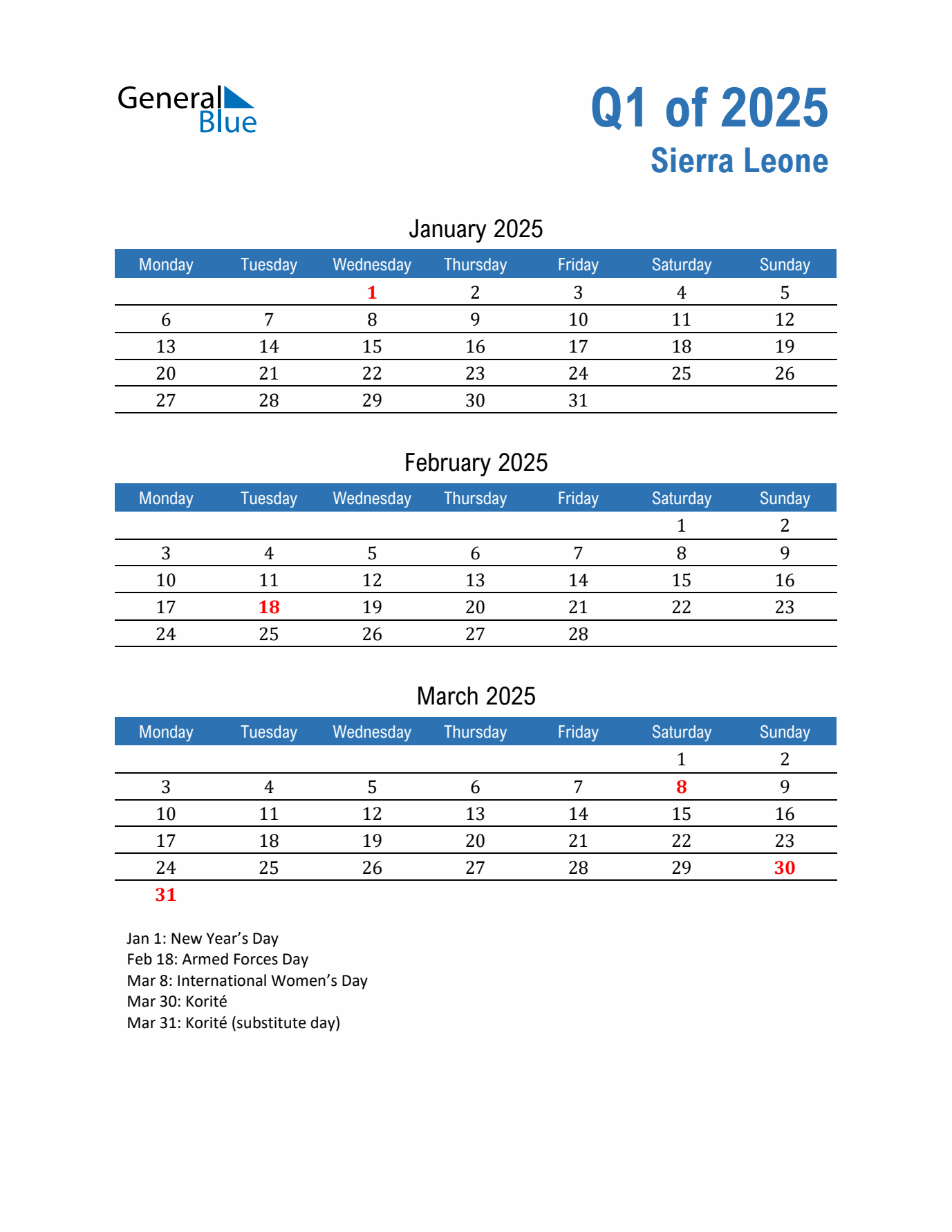 Sierra Leone Q1 2025 Quarterly Calendar with Monday Start