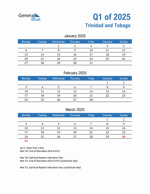 Trinidad and Tobago Q1 2025 Quarterly Calendar with Monday Start