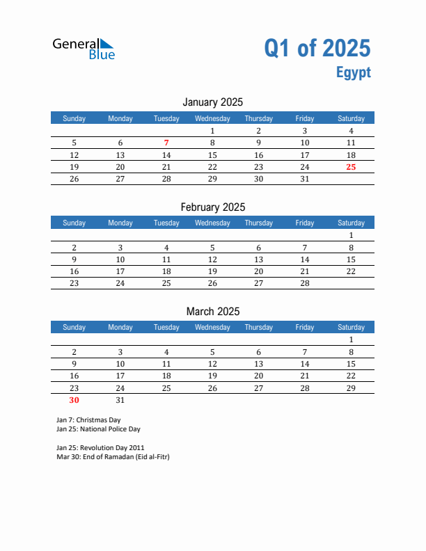 Egypt Q1 2025 Quarterly Calendar with Sunday Start