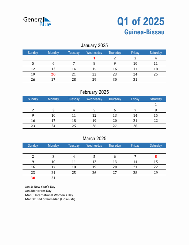 Guinea-Bissau Q1 2025 Quarterly Calendar with Sunday Start