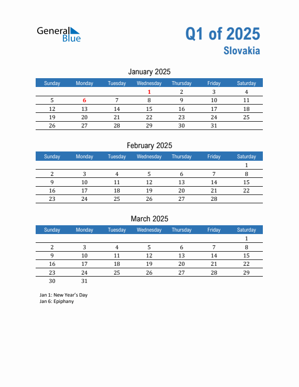 Slovakia Q1 2025 Quarterly Calendar with Sunday Start