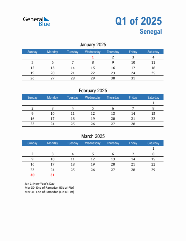 Senegal Q1 2025 Quarterly Calendar with Sunday Start