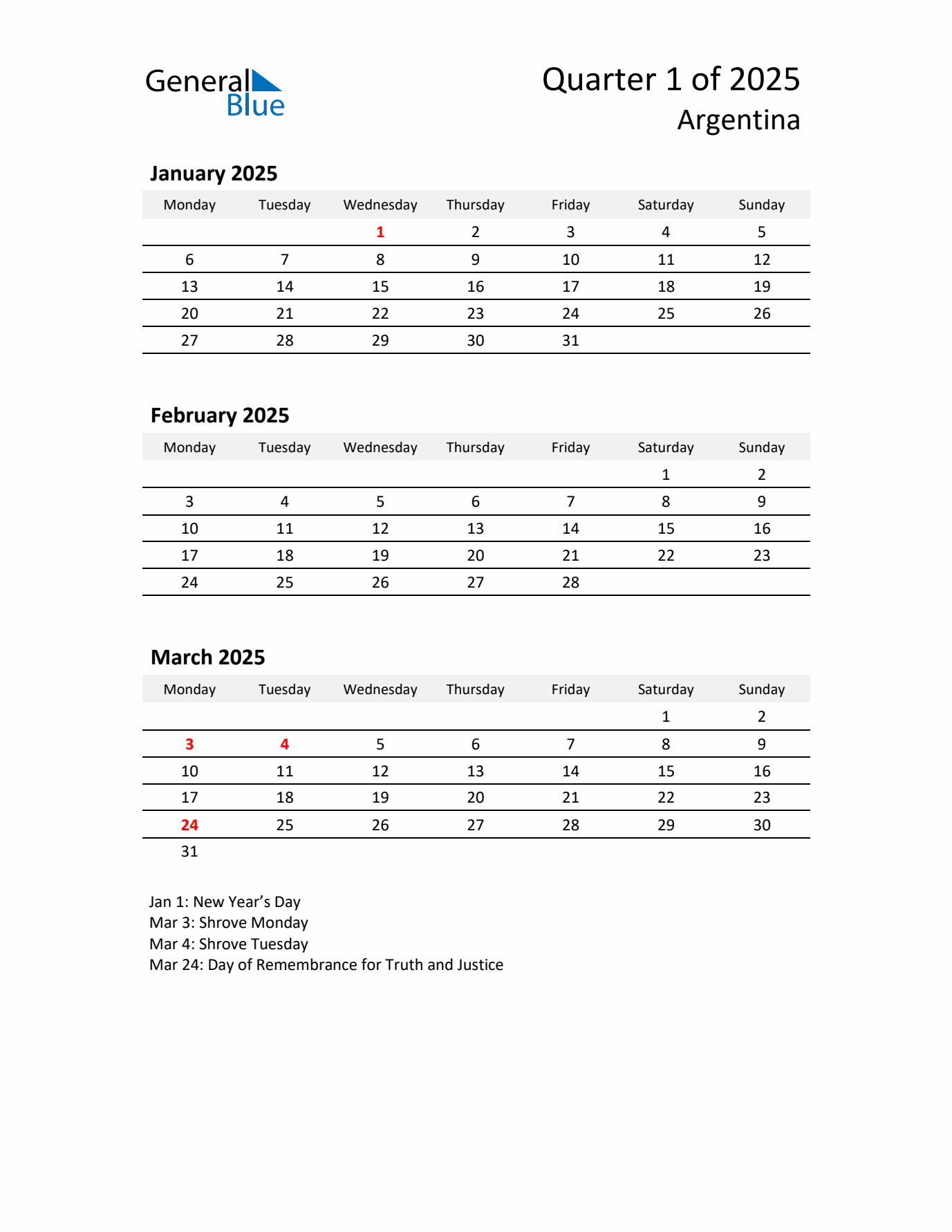 2025 Q1 Three-Month Calendar for Argentina