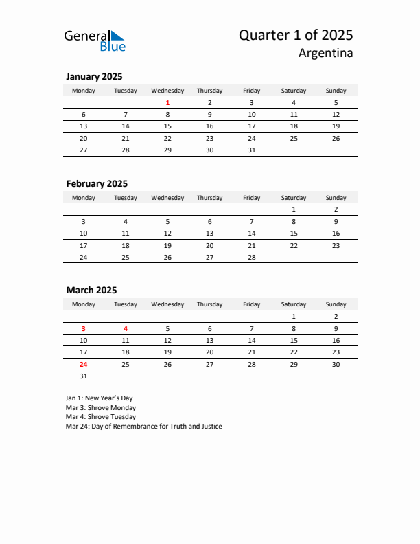 2025 Q1 Three-Month Calendar for Argentina
