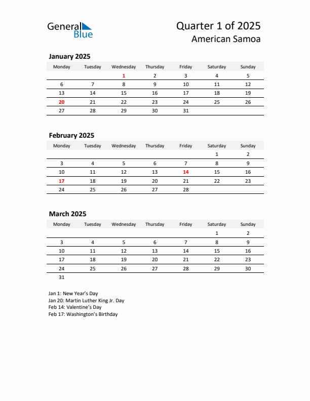 2025 Q1 Three-Month Calendar for American Samoa