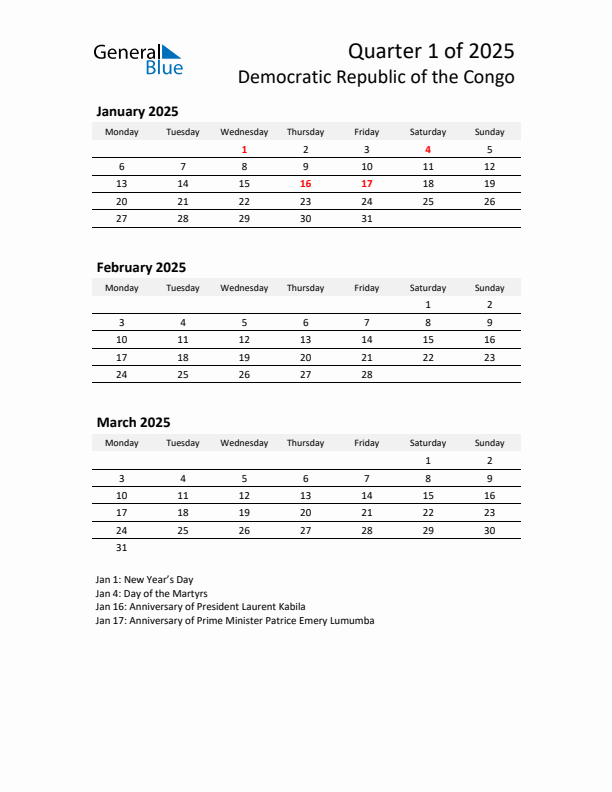 2025 Q1 Three-Month Calendar for Democratic Republic of the Congo
