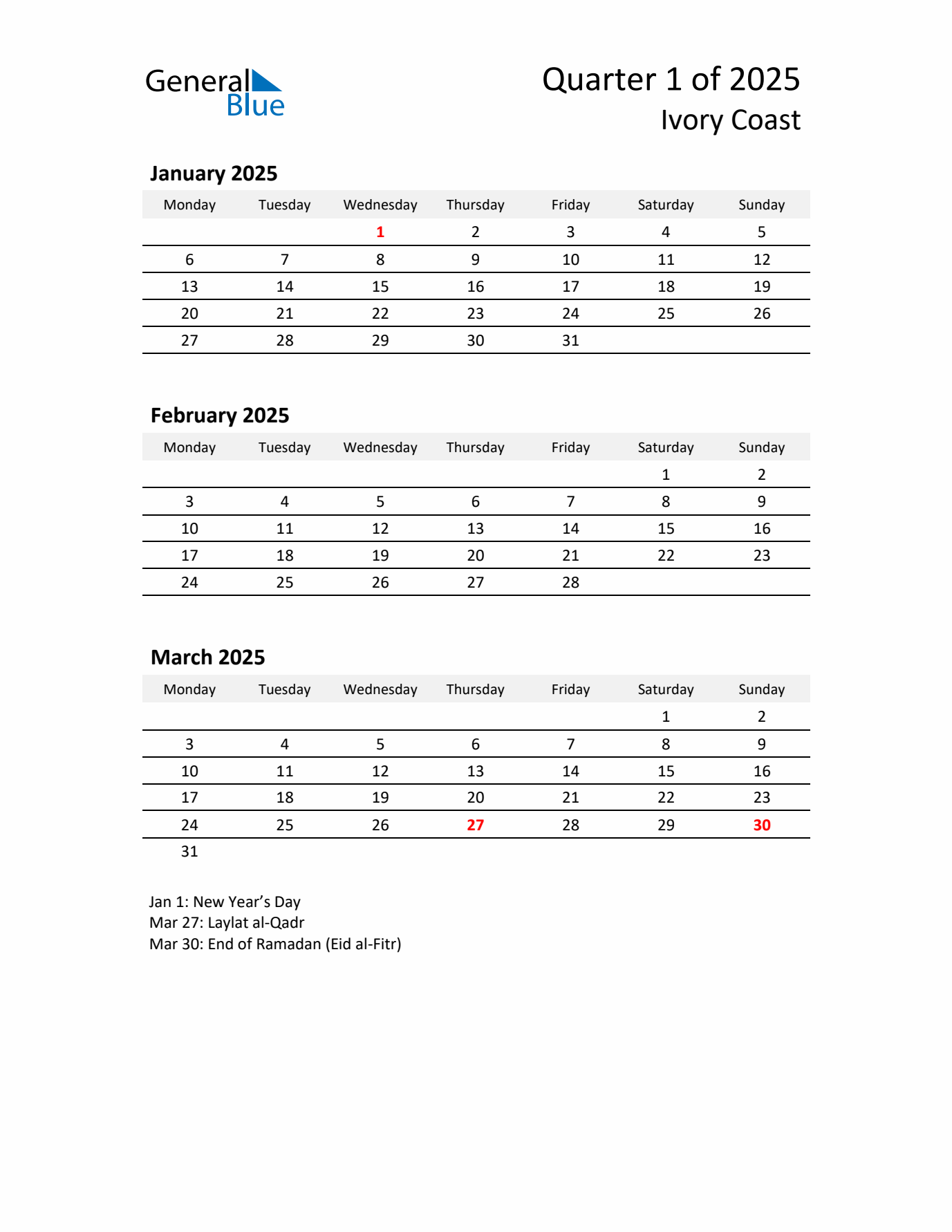 2025 Q1 Three-Month Calendar for Ivory Coast