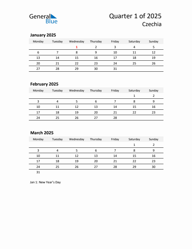 2025 Q1 Three-Month Calendar for Czechia