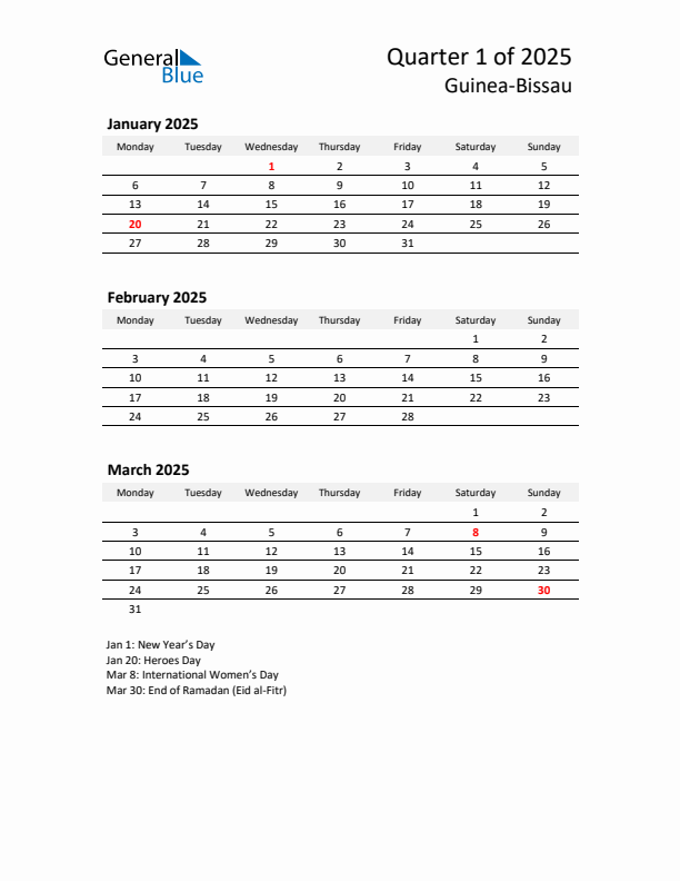 2025 Q1 Three-Month Calendar for Guinea-Bissau