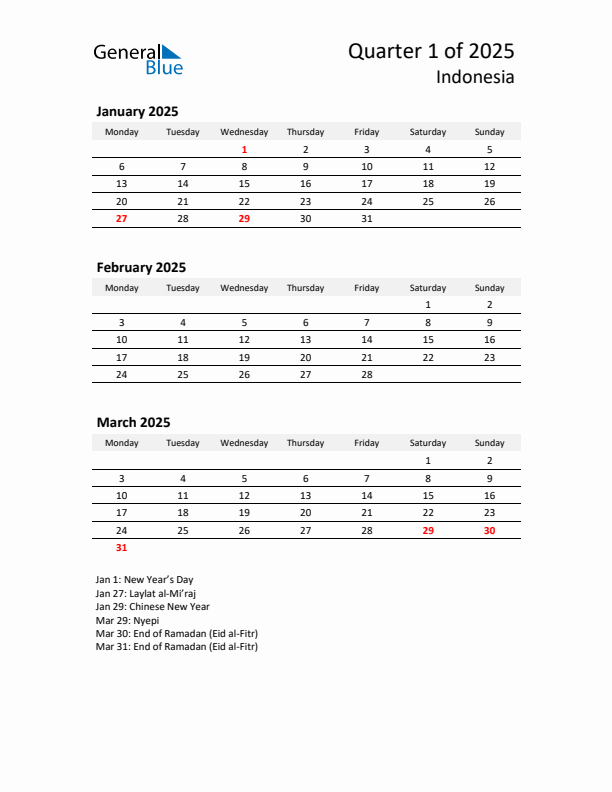 2025 Q1 Three-Month Calendar for Indonesia