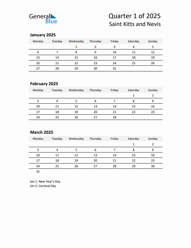 2025 Q1 Three-Month Calendar for Saint Kitts and Nevis