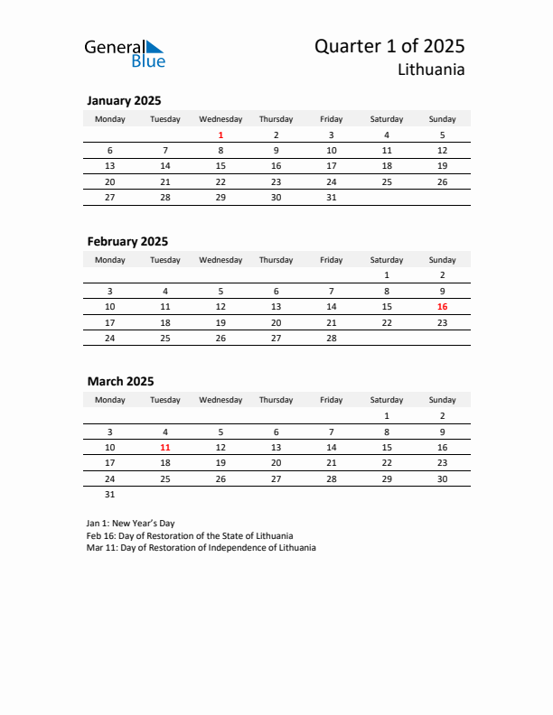 2025 Q1 Three-Month Calendar for Lithuania