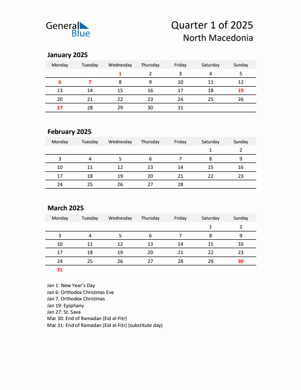 2025 Q1 Three-Month Calendar for North Macedonia