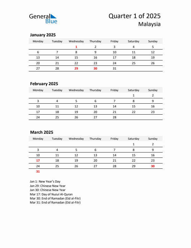 2025 Q1 Three-Month Calendar for Malaysia
