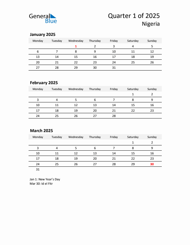 2025 Q1 Three-Month Calendar for Nigeria