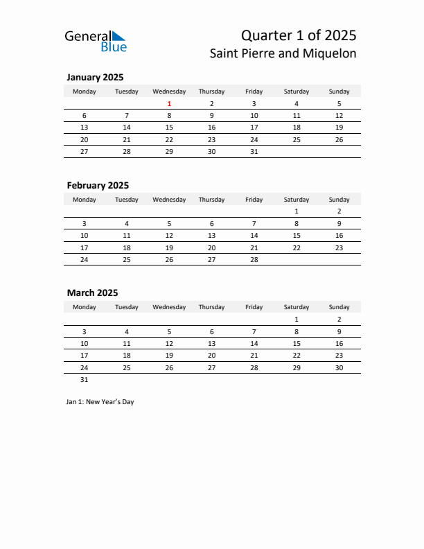 2025 Q1 Three-Month Calendar for Saint Pierre and Miquelon