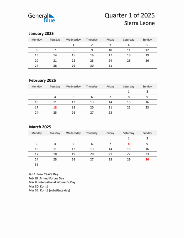 2025 Q1 Three-Month Calendar for Sierra Leone