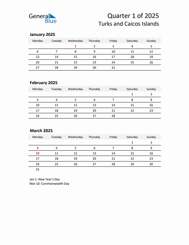 2025 Q1 Three-Month Calendar for Turks and Caicos Islands