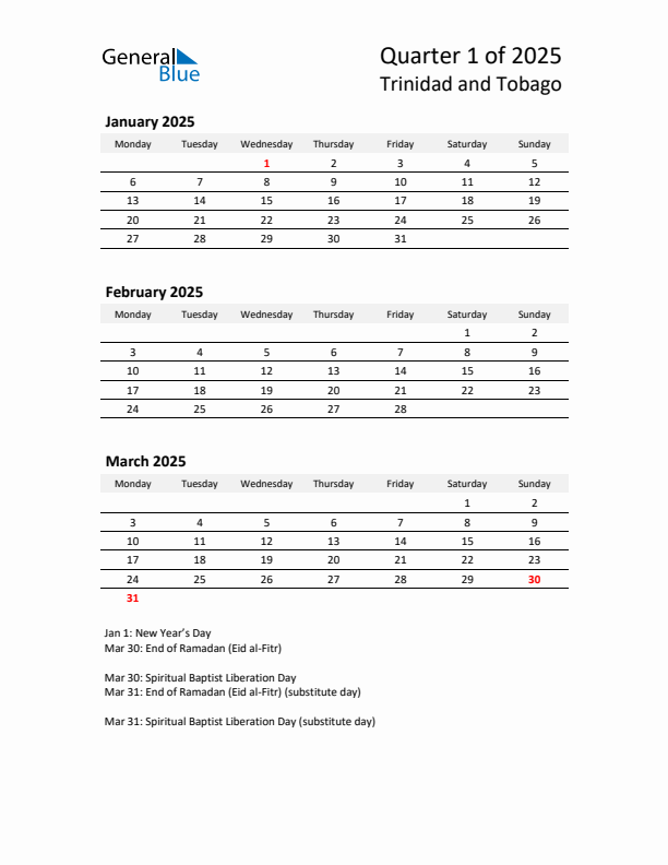 2025 Q1 Three-Month Calendar for Trinidad and Tobago
