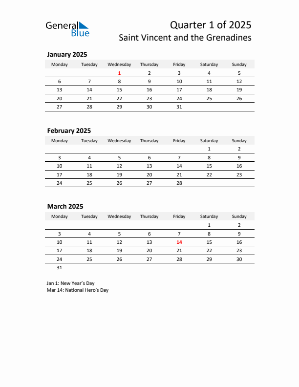 2025 Q1 Three-Month Calendar for Saint Vincent and the Grenadines